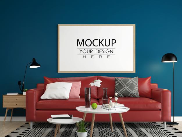 Free Poster Frame In Living Room Mockup Psd