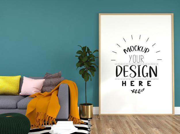 Free Poster Frame In Living Room Mockup Psd