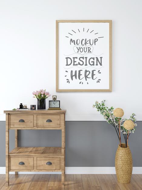 Free Poster Frame In Living Room Mockup Psd