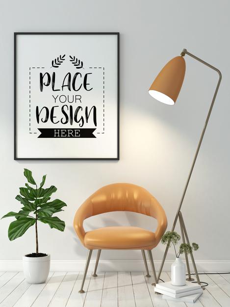 Free Poster Frame In Living Room Mockup Psd