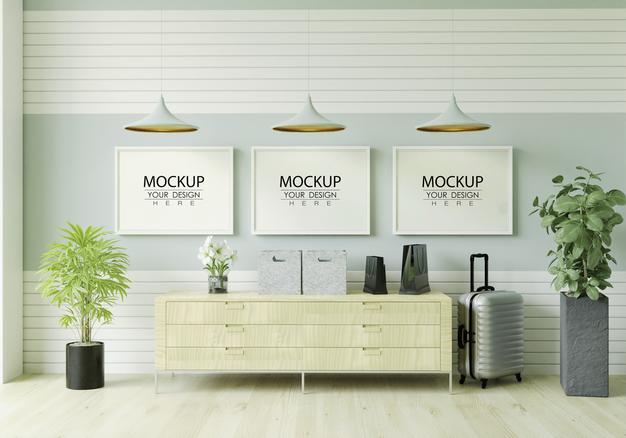 Free Poster Frame In Living Room Mockup Psd