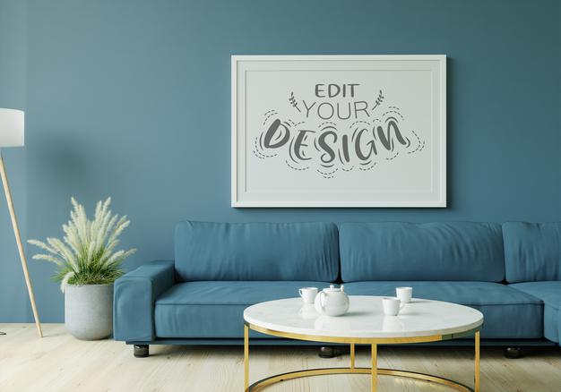 Free Poster Frame In Living Room Mockup Psd