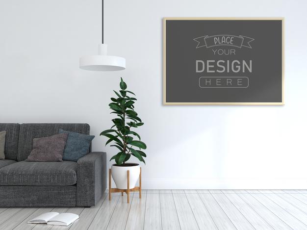 Free Poster Frame In Living Room Mockup Psd