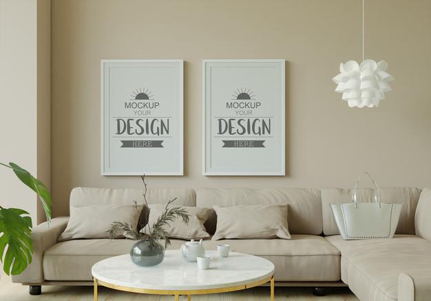 Free Poster Frame In Living Room Mockup Psd