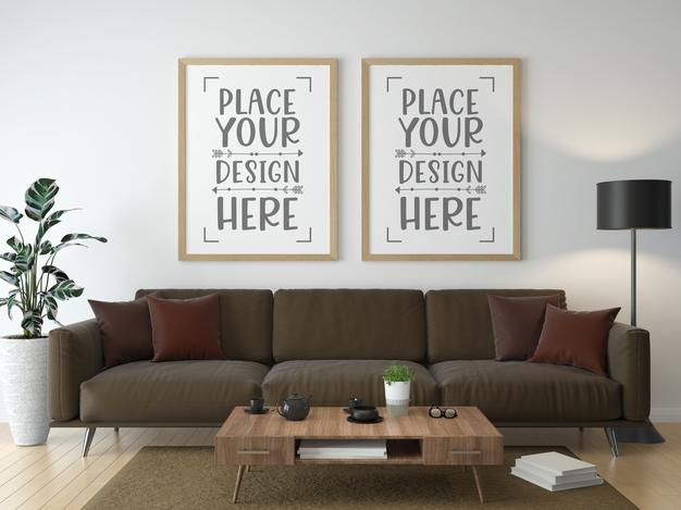 Free Poster Frame In Living Room Mockup Psd