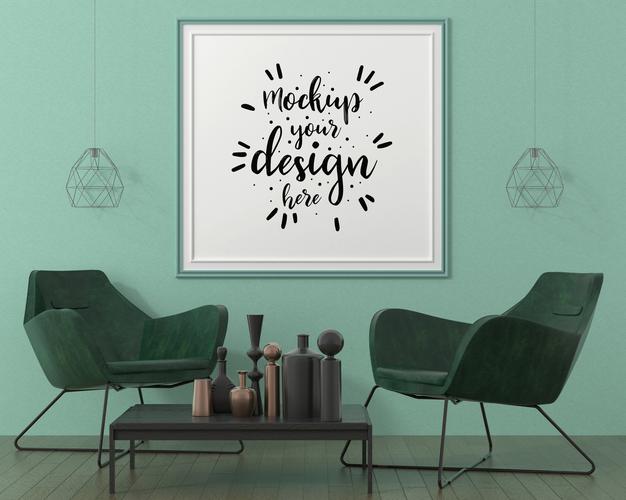 Free Poster Frame In Living Room Mockup Psd