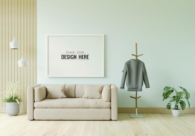 Free Poster Frame In Living Room Mockup Psd