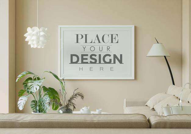 Free Poster Frame In Living Room Mockup Psd