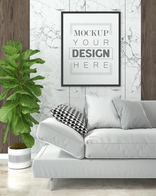 Free Poster Frame In Living Room Mockup Psd