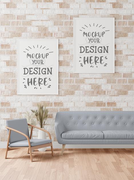 Free Poster Frame In Living Room Mockup Psd