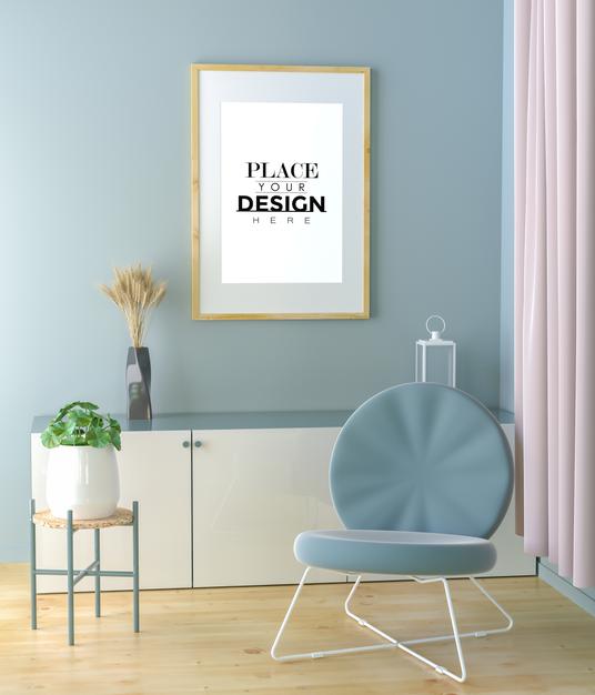 Free Poster Frame In Living Room Mockup Psd