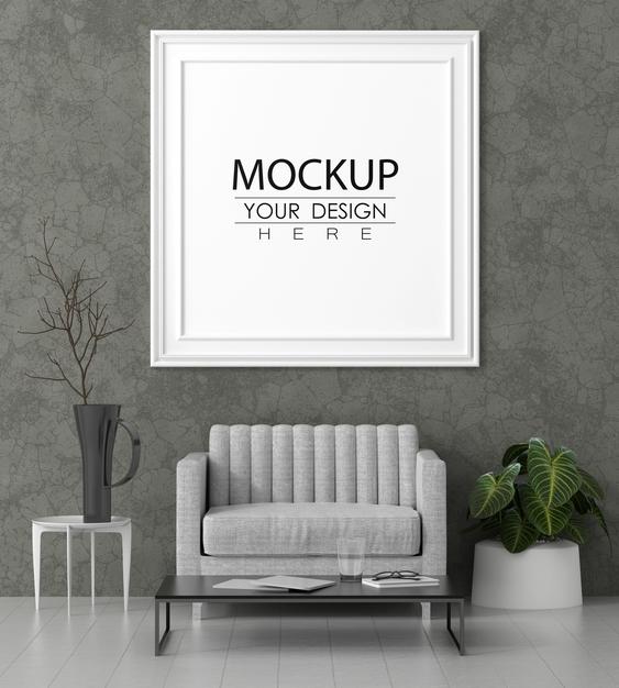 Free Poster Frame In Living Room Mockup Psd