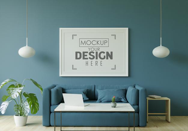 Free Poster Frame In Living Room Mockup Psd