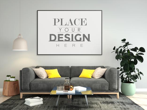 Free Poster Frame In Living Room Mockup Psd