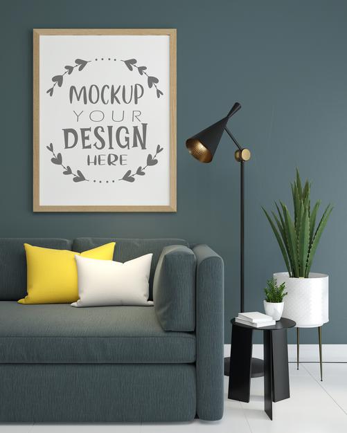 Free Poster Frame In Living Room Mockup Psd