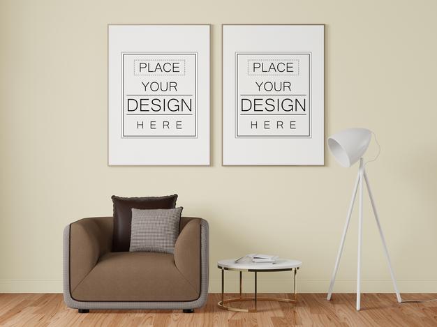 Free Poster Frame In Living Room Mockup Psd