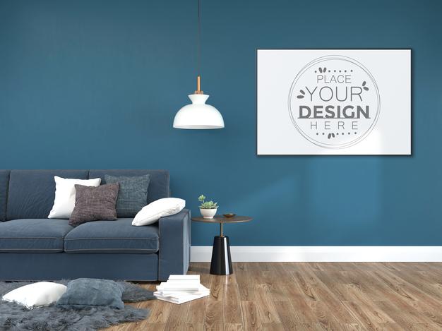 Free Poster Frame In Living Room Mockup Psd