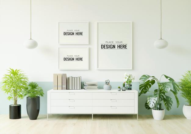 Free Poster Frame In Living Room Mockup Psd