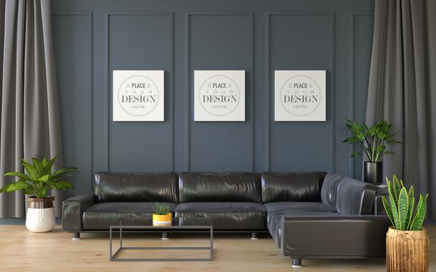 Free Poster Frame In Living Room Mockup Psd