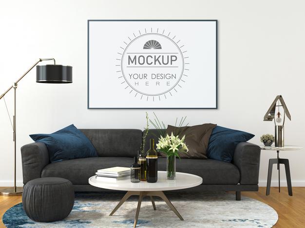 Free Poster Frame In Living Room Mockup Psd