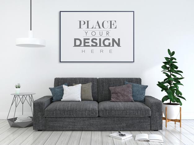 Free Poster Frame In Living Room Mockup Psd