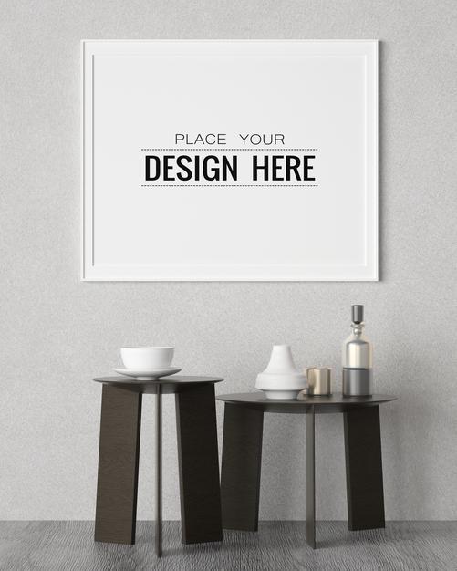 Free Poster Frame In Living Room Mockup Psd