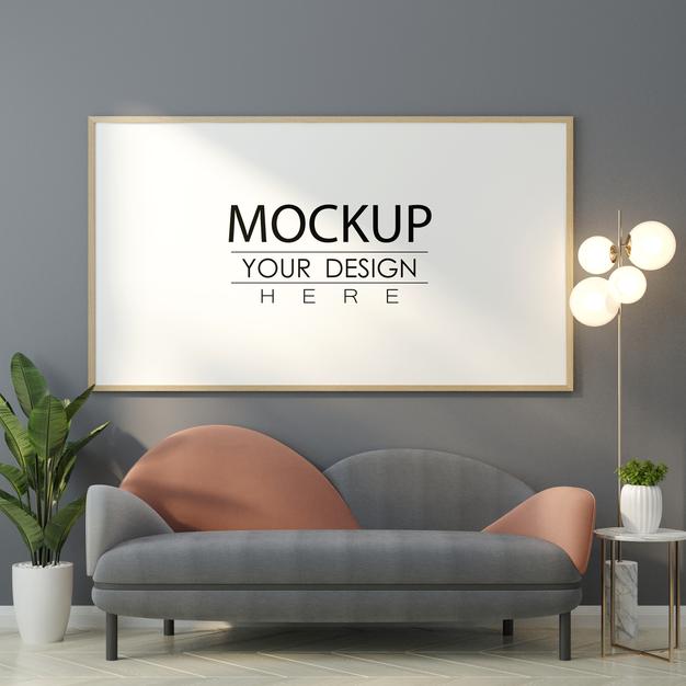 Free Poster Frame In Living Room Mockup Psd