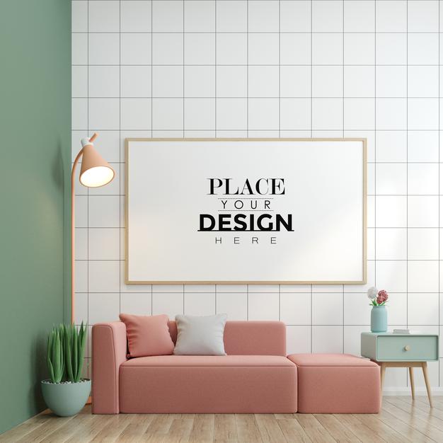 Free Poster Frame In Living Room Mockup Psd