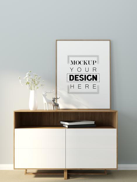 Free Poster Frame In Living Room Mockup Psd