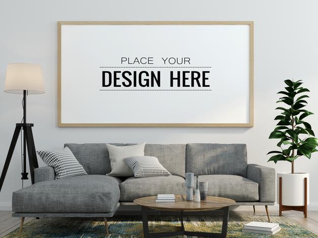 Free Poster Frame In Living Room Mockup Psd