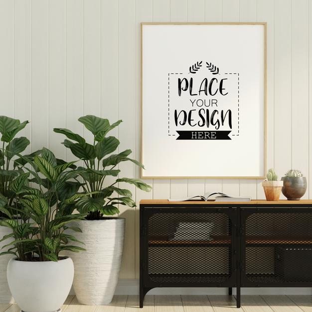 Free Poster Frame In Living Room Mockup Psd