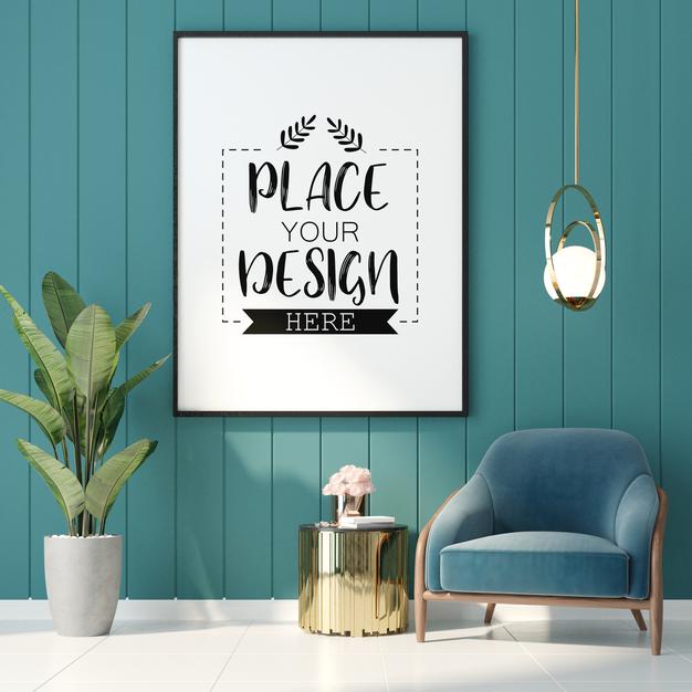 Free Poster Frame In Living Room Mockup Psd