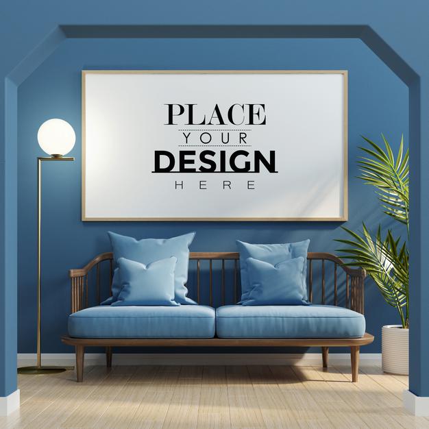 Free Poster Frame In Living Room Mockup Psd