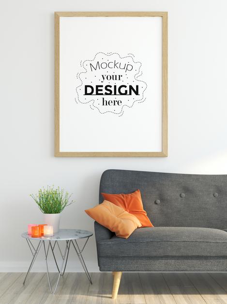 Free Poster Frame In Living Room Mockup Psd