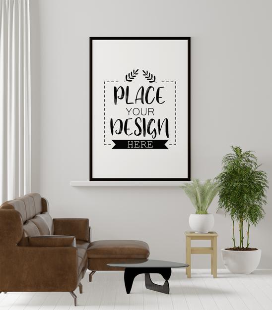 Free Poster Frame In Living Room Mockup Psd