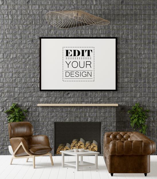 Free Poster Frame In Living Room Mockup Psd