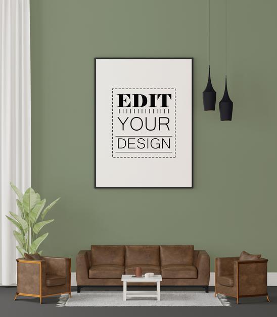 Free Poster Frame In Living Room Mockup Psd