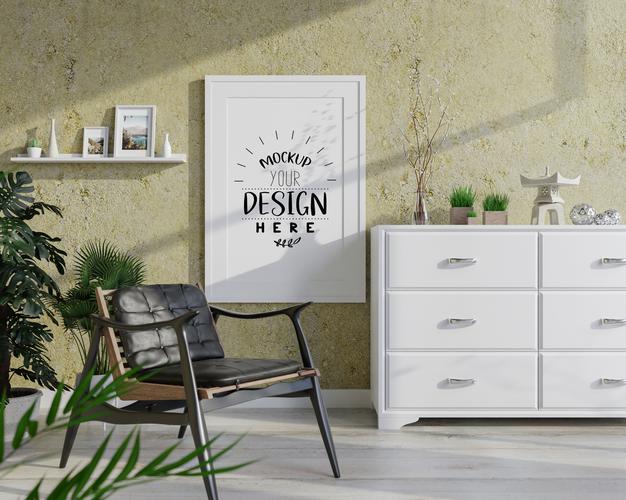 Free Poster Frame In Living Room Mockup Psd