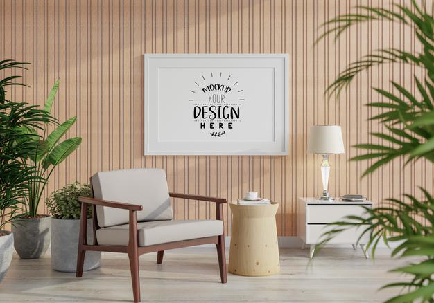 Free Poster Frame In Living Room Mockup Psd