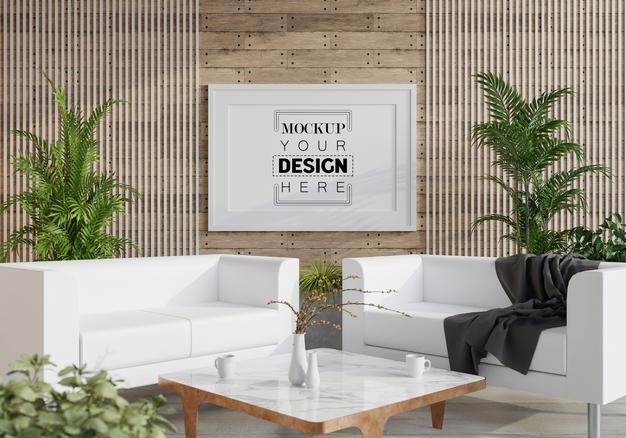 Free Poster Frame In Living Room Mockup Psd