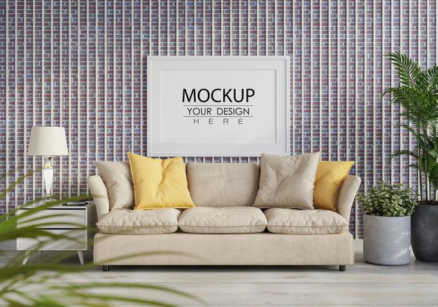 Free Poster Frame In Living Room Mockup Psd