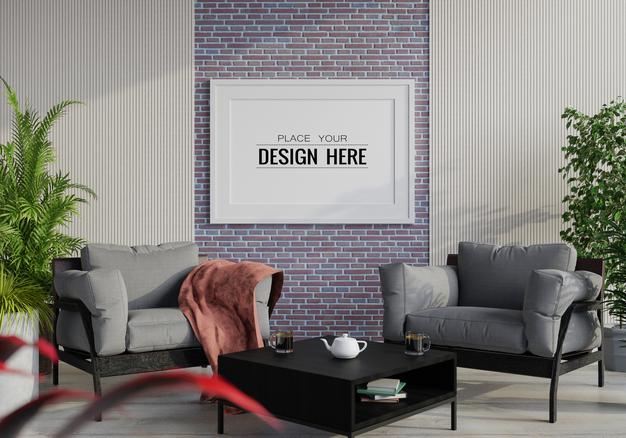 Free Poster Frame In Living Room Mockup Psd