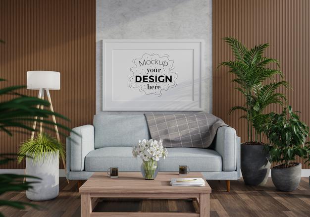 Free Poster Frame In Living Room Mockup Psd