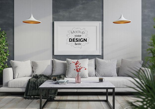 Free Poster Frame In Living Room Mockup Psd