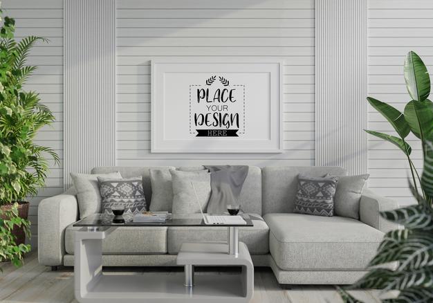 Free Poster Frame In Living Room Mockup Psd