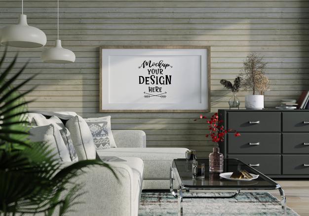 Free Poster Frame In Living Room Mockup Psd