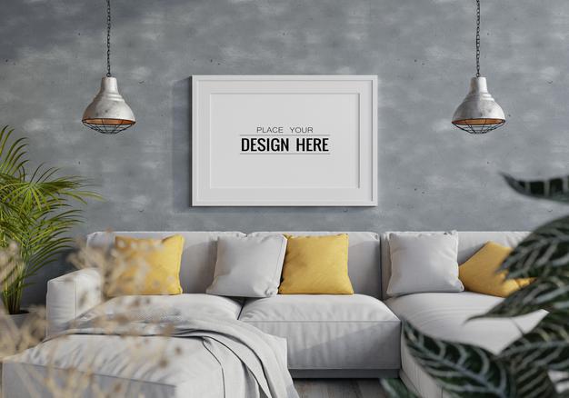 Free Poster Frame In Living Room Mockup Psd