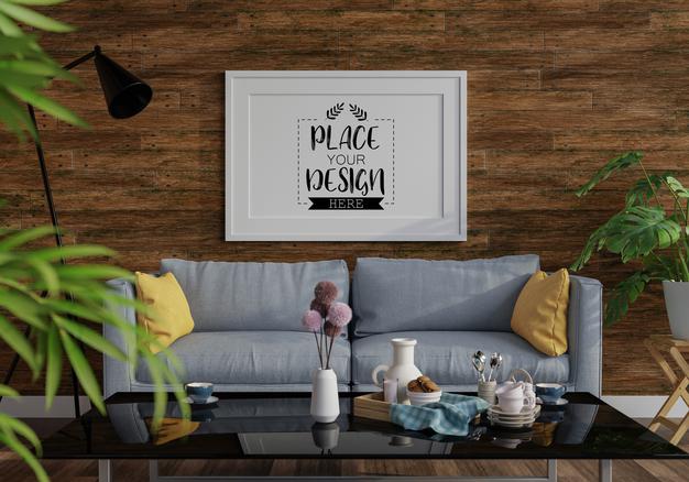 Free Poster Frame In Living Room Mockup Psd