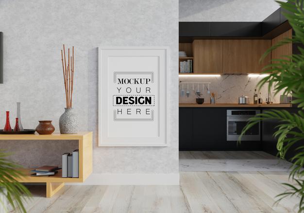 Free Poster Frame In Living Room Mockup Psd