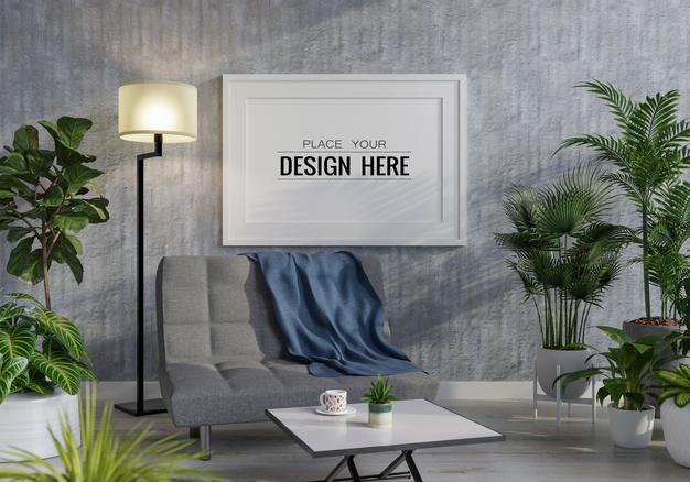 Free Poster Frame In Living Room Mockup Psd